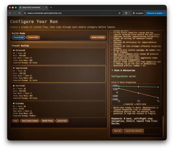Space Commander configuration screen