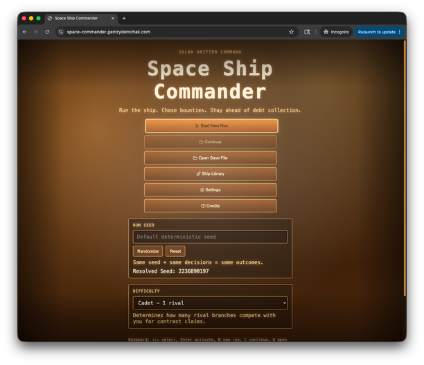 Space Commander start screen