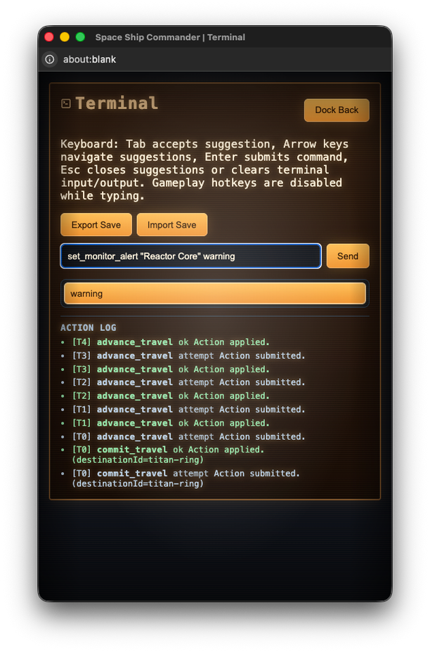 Space Commander terminal screen